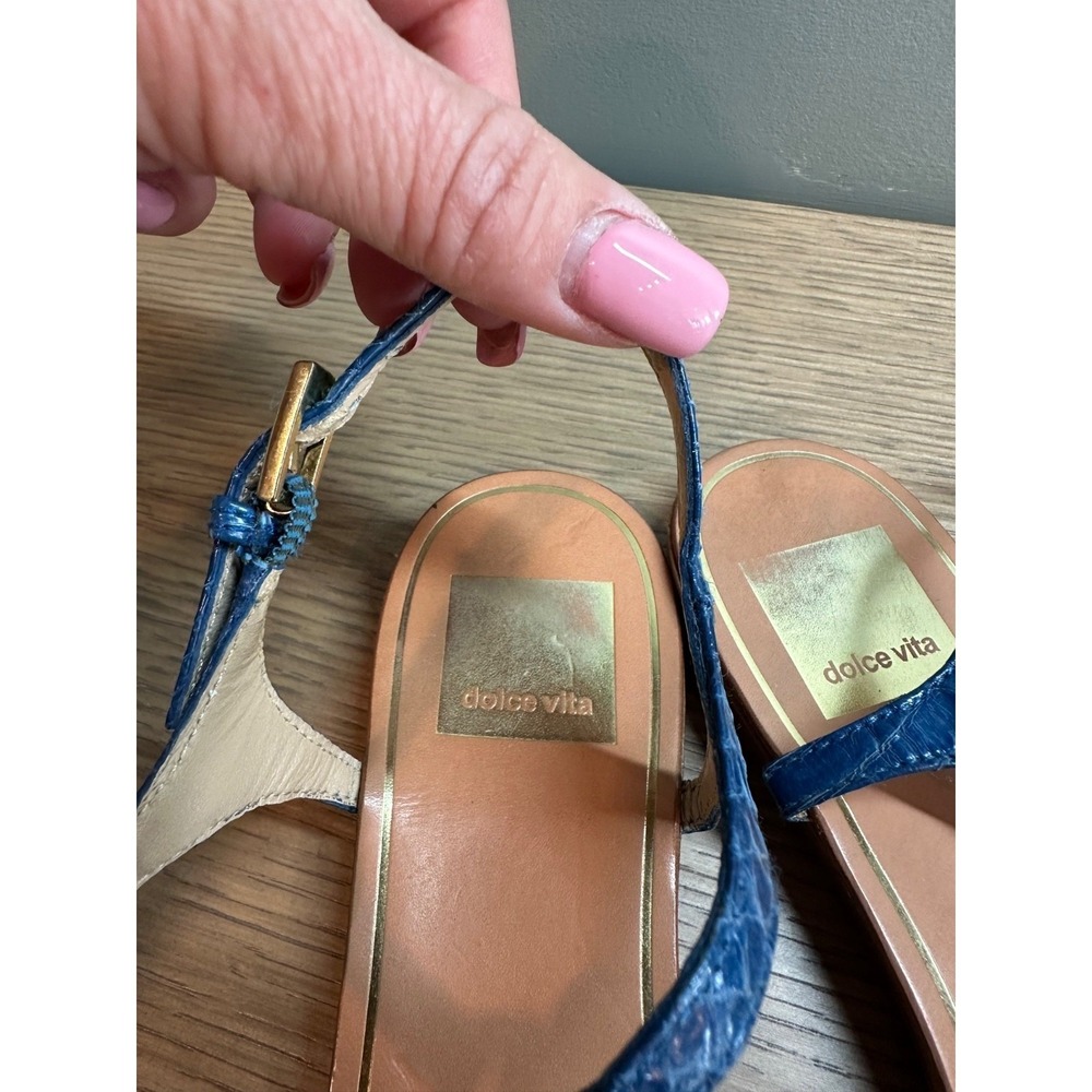 Dolce Vita Blue Croc Embossed Leather T Strap Sandals Snake Accent 7 - Picture 11 of 16